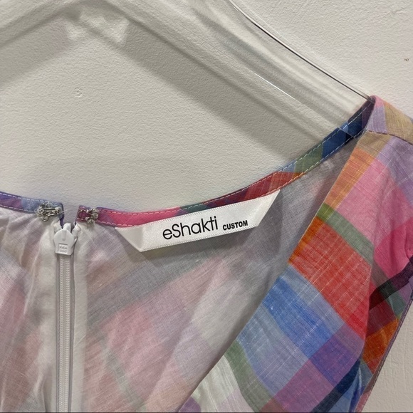 eShakti Cotton Voile Check Surplice Dress Multicolor Plaid Belted Pleated - Picture 6 of 9